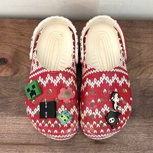 Crocs Kids Sweater Print Clogs Red White W4 M2 With Minecraft Jibbitz Charms